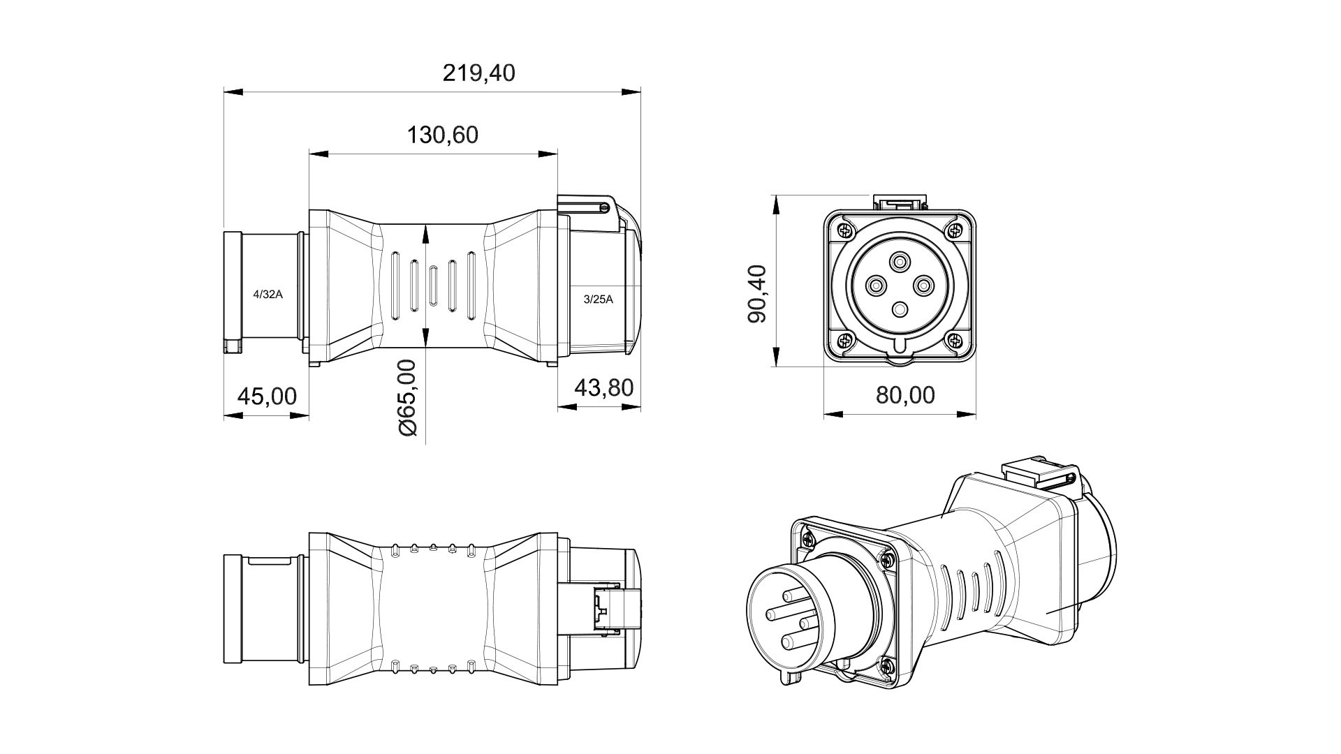BEMIS 4/32A Fiş - 3/25A Priz CEE Norm Adaptör — ürün görseli