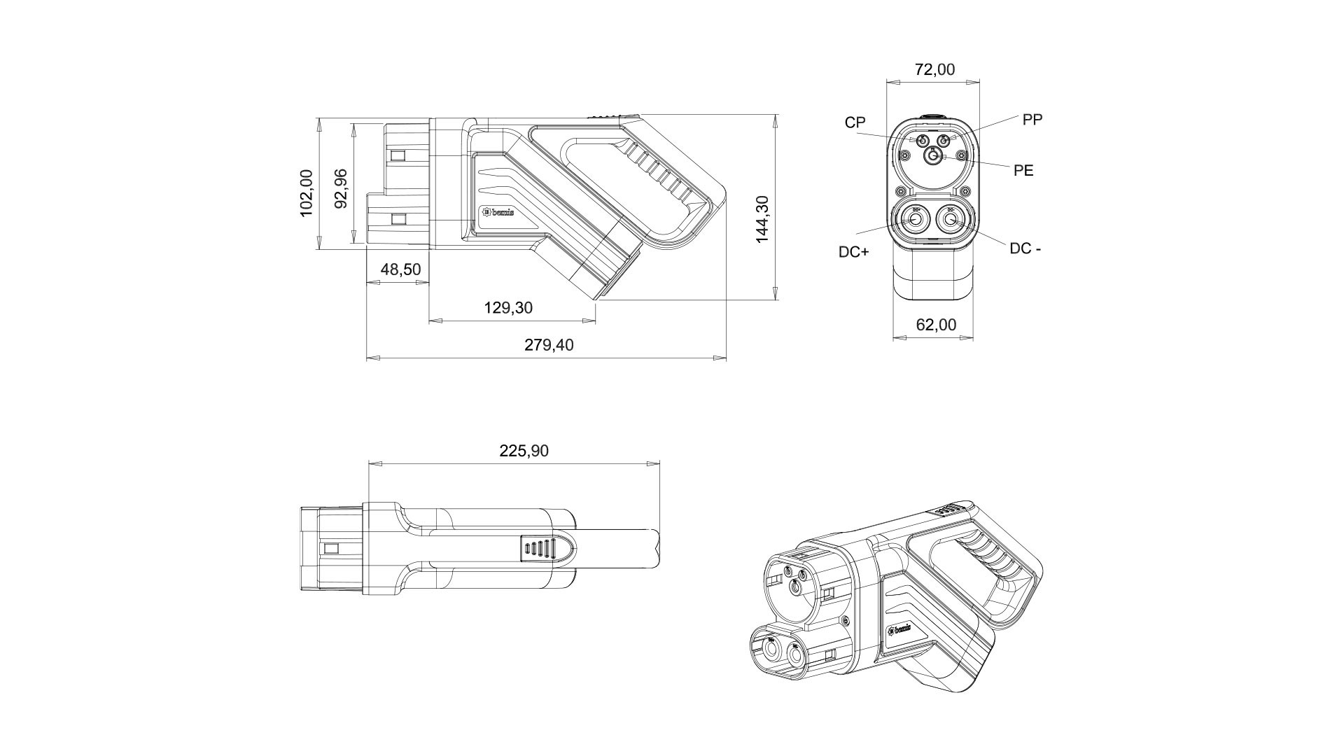 BEMIS DC Şarj Soketi — 250A / 8 m — teknik çizim