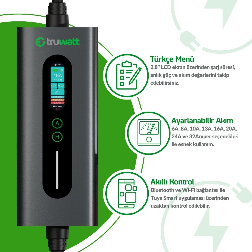 TRUWATT ZTA310 Taşınabilir Şarj İstasyonu 32A/7 kW/220V (10 metre) — ürün görseli